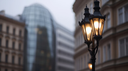 Street lamp with a blend of architectural styles - classic and modern, creates a beautiful urban contrast. Lamp emits a soft light adding a warm ambiance to the street.