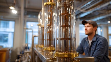 A man in a denim shirt and cap observes a gleaming copper and glass distillation apparatus in an industrial workshop