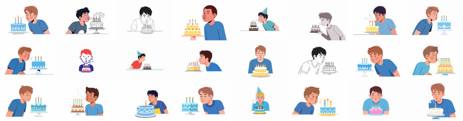 A collection of vectors featuring young men and boys blowing out birthday candles on decorated cakes, celebrating birthdays and making wishes. © Sabiqul