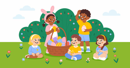 Obraz premium A vibrant scene of joyful children participating in an Easter egg hunt, surrounded by colorful decorations and a cheerful environment filled with flowers and greenery.