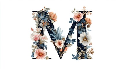 Elegant Floral Letter M on White Background.