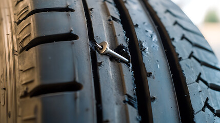 Close-up of a tire with a metal object puncturing the rubber, causing a potential flat. Shows tire damage, roadside emergency, and automobile issues. Car tire problems are seen.