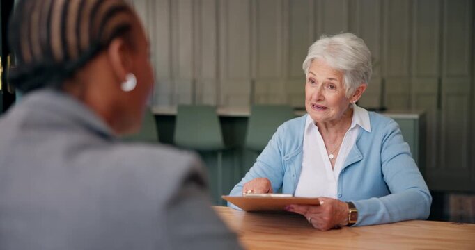 Financial advisor, meeting and clipboard with old woman in home for drafting will, legal advice and assets. Estate manager, attorney letter and discussion with senior person and lawyer in house