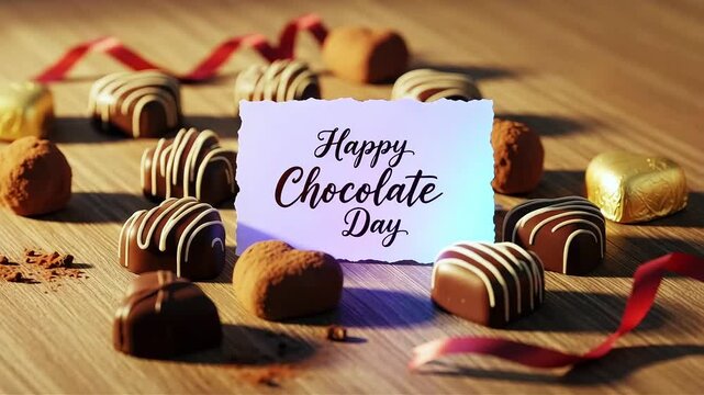 Assorted chocolates and truffles on wooden table with happy chocolate day sign