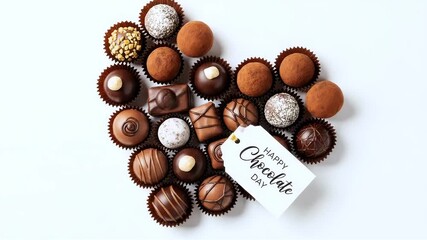Assorted chocolates arranged in heart shape with happy chocolate day tag isolated on white background