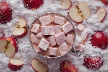 Overhead View of Hot Chocolate with Marshmallows and Apples in a Snowy Setting
