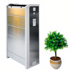 A modern electric vehicle charging station with a potted plant nearby