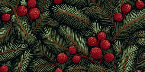 Seamless Repeating Pattern Featuring Evergreen Branches With Red Berries Against A Dark Background
