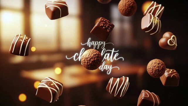 Happy chocolate day celebration with assorted chocolate treats floating in air