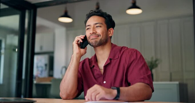 Conversation, phone call and man in home with research for proofreading, review or update on freelance job. Tech, feedback and copywriter with interview for remote work, schedule or proposal in house