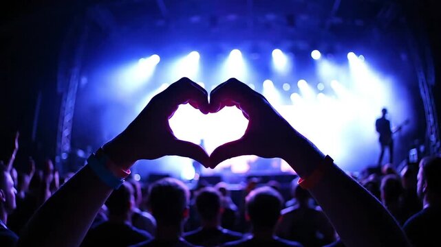 Celebrating the exhilarating power of live music and community connection ,Hands forming a heart silhouette against dazzling blue stage lights at a massive festival event.