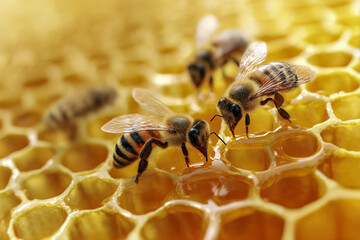 Close-up of Honey Bees Collecting Nectar on a Honeycomb Structure, Highlighting Natural Pollination, Ecology, and Sustainable Beekeeping