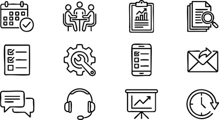 Modern vector line icon set for essential business operations, office management, project planning, communication, and digital productivity tools