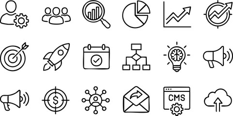 Digital business and marketing line icons, covering essential concepts like strategy, analytics, management, growth, and technology for modern professional projects