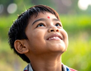 Close-up of smiling child with red dot gazing upwards