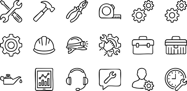 Set of icons representing tools and equipment for repair, construction, and maintenance services, including gears, wrenches, and safety helmets