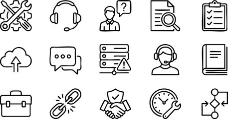 Comprehensive collection of essential line icons for business, technology, and customer support services, perfect for illustrating concepts like system 