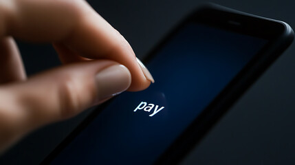 A finger hovers over a smartphone screen displaying the word "pay," set against a dark background, illustrating mobile payment technology and modern transactions.