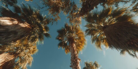 Obraz premium Upward Gaze to Tall Palm Trees against a Clear Blue Sky with Natural Sunlight, Tropical Scene and Vacation Concept, Summer Vibe