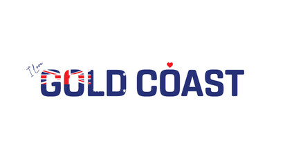 I love Gold Coast, Typographic design of I love Gold Coast on a white background, Flag typography of Gold Coast with heart, Vector design of city of Australia, City of Australia