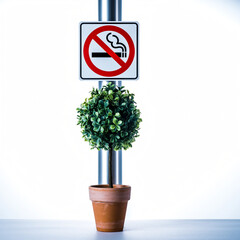 A no smoking sign on a metal pole with a potted plant below against a white background