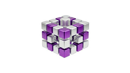3D Cube Structure with Purple and Silver Cubes on White