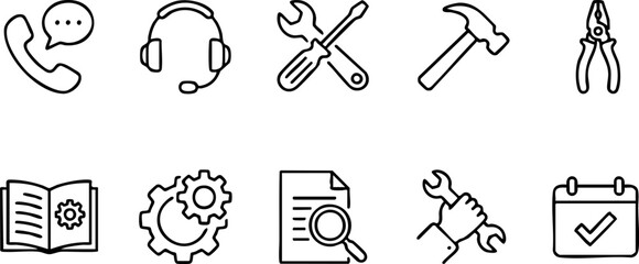 Vector icon concept illustrating customer support, technical assistance, and maintenance services. Features tools, settings, helpdesk, and operational graphics for business applications