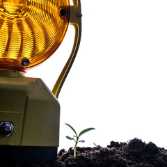 Emerging sprout grows beside industrial warning light in soil