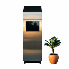 A sleek silver appliance stands next to a potted plant in a serene indoor setting viewed from the front.