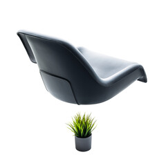 Modern chair levitating above a potted green plant on a white background