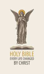 Vector illustration of an angel and open book, and the inscription Holy Bible. Guardian angel or themes of death and religion. Funeral services. Memorial, monument, tattoo, T-shirt design. No ai