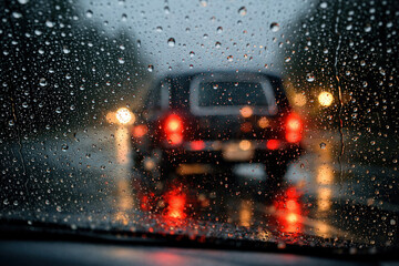Rain Droplets On Windshield With Car Brake Lights On Wet Road At Dusk
