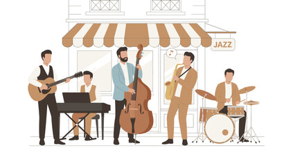 Jazz band performing live music outside a cafe with a warm atmosphere  