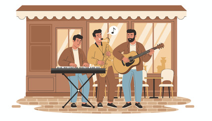 Three musicians performing outside a cafe with instruments and singing  