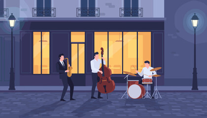 Musicians playing jazz on street at night near restaurant window  