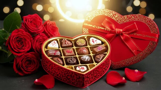A heart shaped box of assorted chocolates with red roses on a dark background with bokeh lights