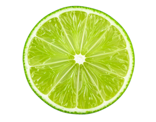 Fresh lime slice with bright green pulp and visible seeds on a clean white background isolated on a transparent background