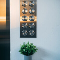Modern wall decoration with circular metallic panels and a potted plant on a white background at sunset