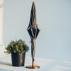 A closed patio umbrella stands beside a potted plant on a white balcony