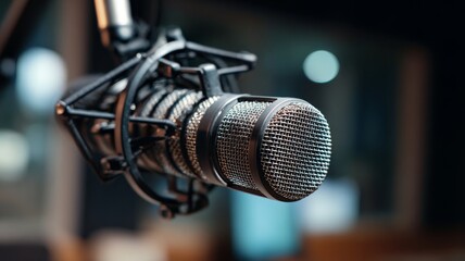 Close-up of professional microphone in a modern podcast studio with soft lighting and blurred background, ideal for audio recording, broadcasting, streaming, and content creation concepts