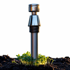 A metallic object protruding from the ground surrounded by small green plants