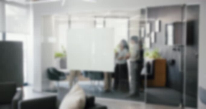 Blur, teamwork and business people in office, planning and pitch ideas for creative project. Employees, cooperation and brainstorming in workplace, meeting and communication with feedback or proposal