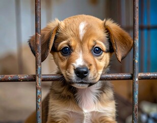 Close-up of sad-eyed puppy behind rusty metal cage bars