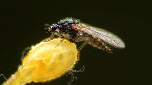 Insect perched on yellow object against dark background, showcasing its details for scientific or educational use