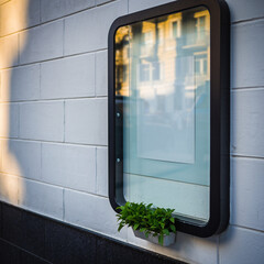 A small potted plant sits on the windowsill of a modern window mounted on a white brick wall