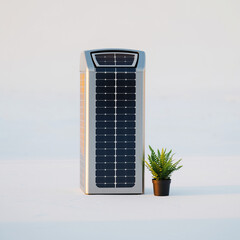 A sleek solar panel standing upright next to a small potted plant on a white surface