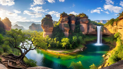Majestic Fantasy Landscape With Lone Island Trees Surrounded By Glassy Lake And Mountains
