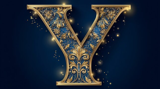 Luxury Golden Ornate Letter Y with Floral Design.