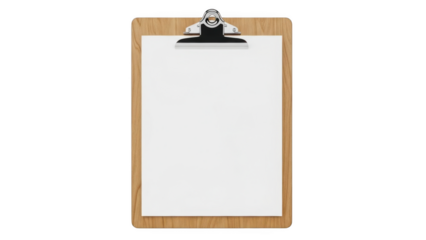 Wooden clipboard with blank white paper isolated on transparent background blank paper