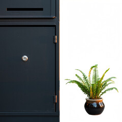 A potted fern stands beside a black metal locker with a mailbox slot and lock, viewed from the side on a white background.